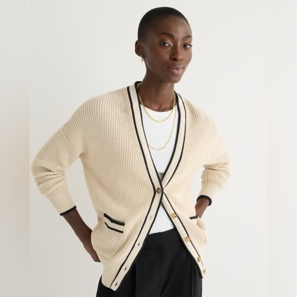 J.CREW Tipped V-neck Cotton Cardigan Sweater Women's Size Small Cream